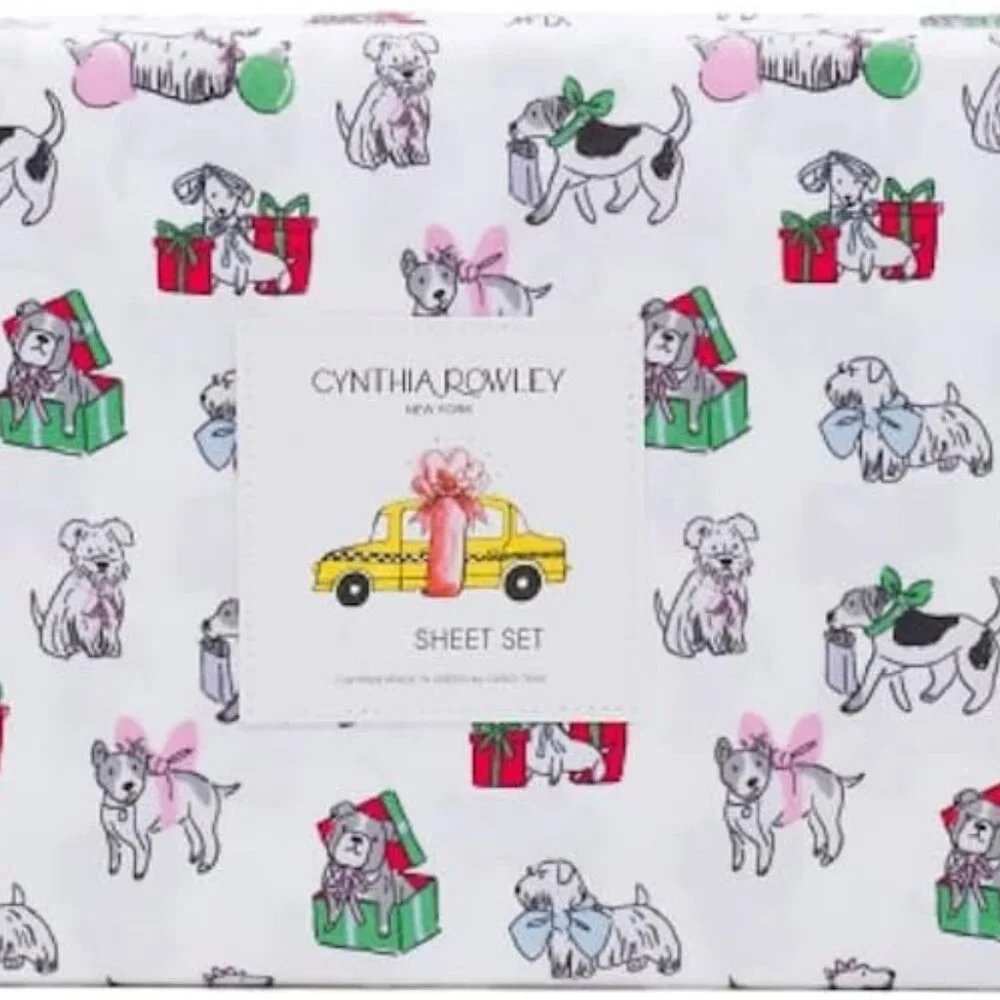 CYNTHIA ROWLEY Puppy Cheer Christmas Dogs Queen SHEET SET Microfiber NWT